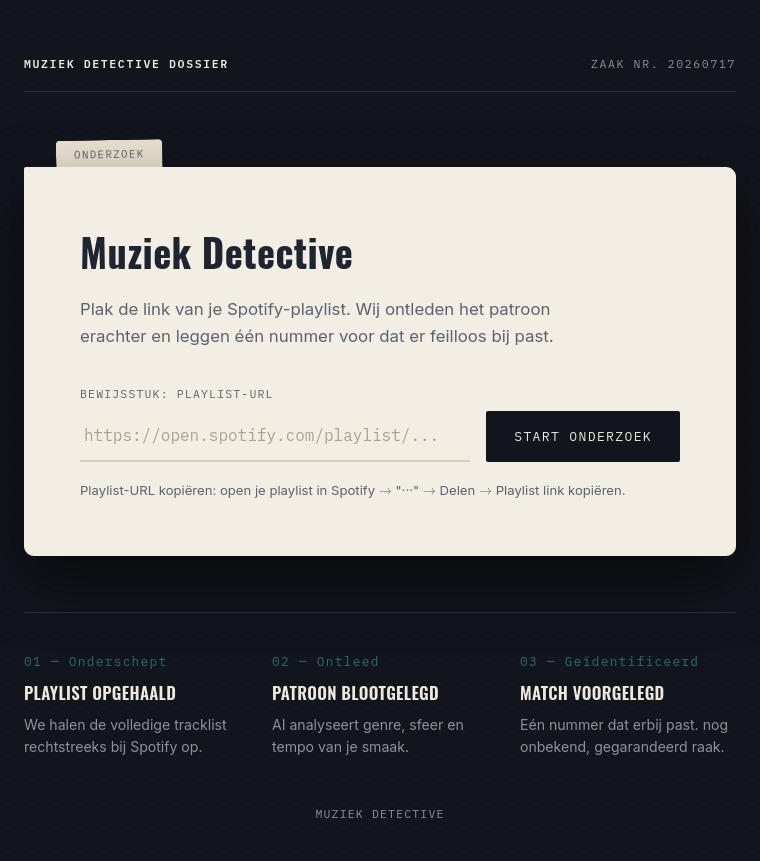 Startpagina van MuziekDetective met het invoerveld voor de Spotify-playlist-URL.