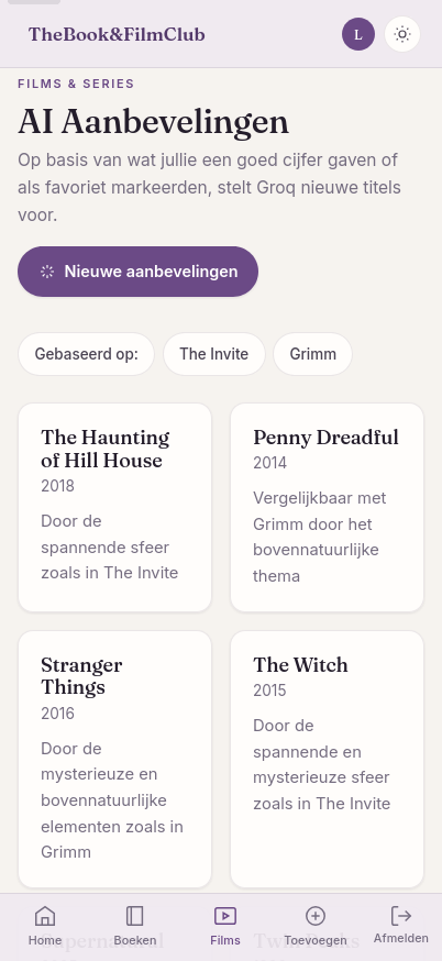AI-aanbevelingen op basis van eerder hoog gewaardeerde titels, gegenereerd door Groq (Llama).