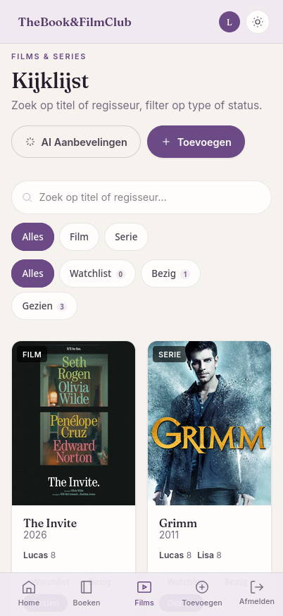 Filmsectie met zoeken, filteren op type/status en per-gebruiker scores.